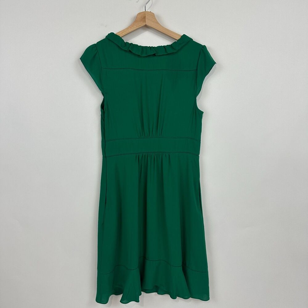 Maeve Anthropologie Pindot Della Ruffle Dress sz M in Kelly Green V Neck Retro - Picture 3 of 13